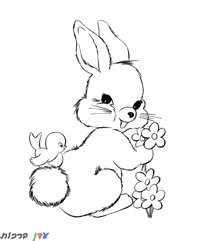 דף צביעה ארנב עם פרחים 1jpg