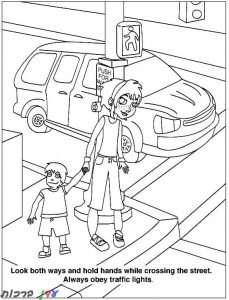 דף צביעה זהירות בדרכים ילד והורה חוצים את הכביש 1jpg