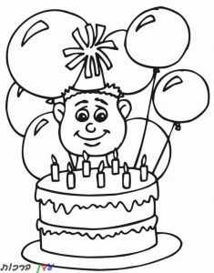 דף צביעה ילד חוגג יום הולדת עם עוגה ושישה בלונים 1jpg