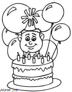 דף צביעה ילד יושב עם עוגה ובלונים ליום הולדת 1jpg
