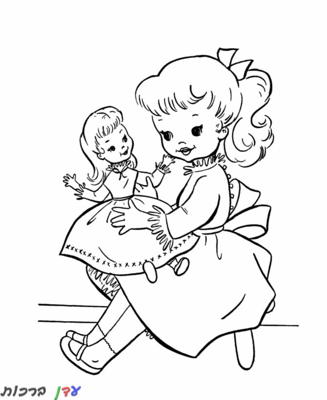 דף צביעה ילדה מחזיקה בובה 1jpg