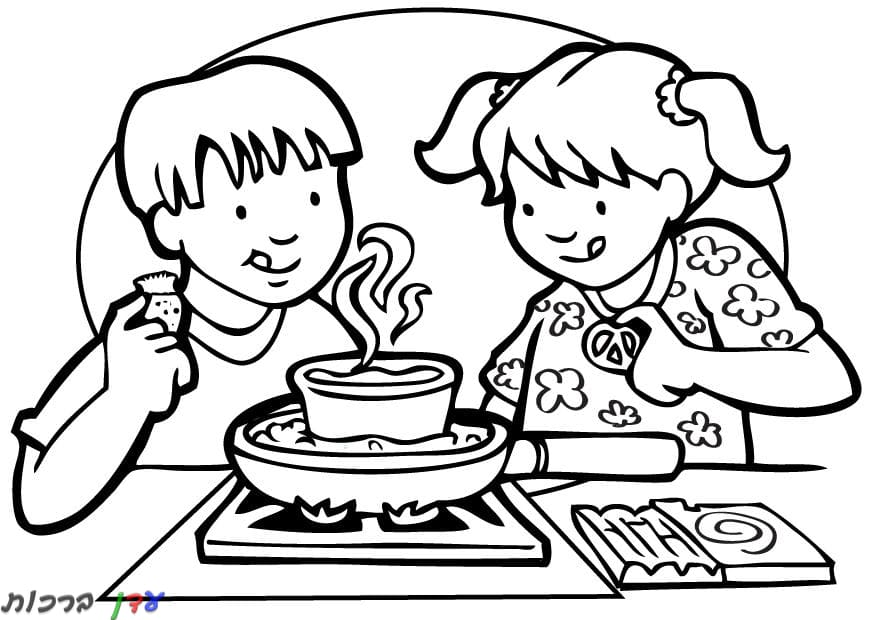 דף צביעה ילדים מכינים אוכל במחבת 1jpg