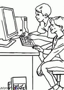 דף צביעה שני חברים משחקים במחשב 1jpg