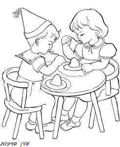 דף צביעה שני ילדים אוכלים עוגה 1jpg